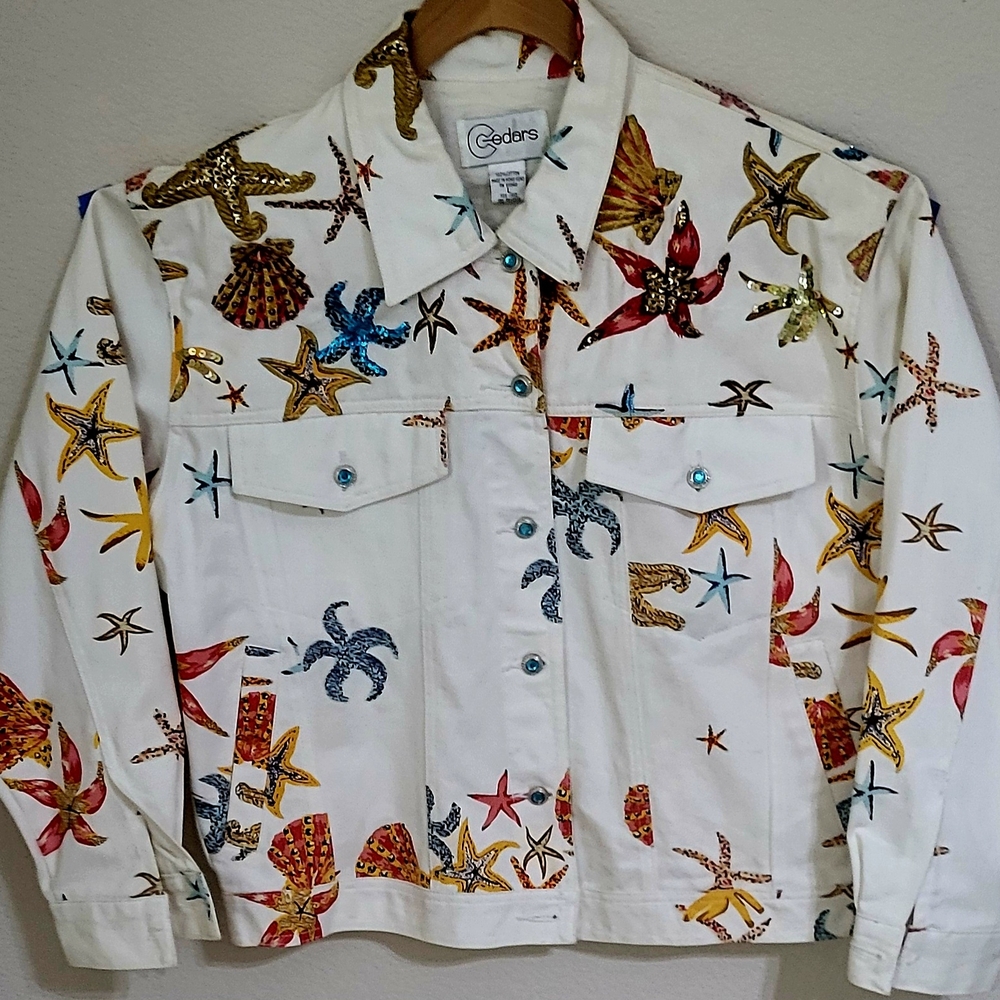 Vintage Cedars Women's White Starfish Denim Jacket With Sequins Size L